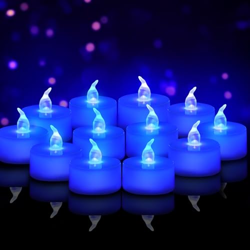 Image of Tea Lights Battery Operated Candles LED Tea Lights Flameless Candles 200+ Hours Flickering Fake Tealights for Sweetest Day Wedding Home Decorations Party (Blue Base, 12 Pack)
