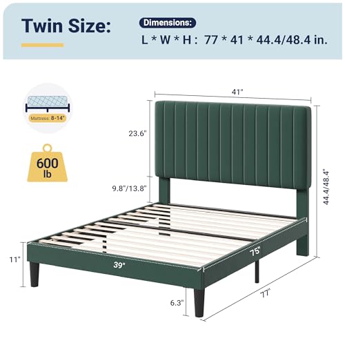 Image of Allewie Twin Bed Frame, Velvet Upholstered Platform Bed with Adjustable Vertical Channel Tufted Headboard, Mattress Foundation with Strong Wooden Slats, Box Spring Optional, Easy Assembly, Green