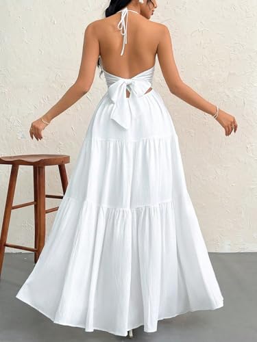 Image of Narecte Women's Maxi Summer Dresses Halter V Neck Beach Dresses for Women A-Line Casual Dress for Vacation