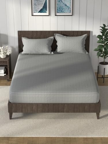 Image of NAUTICA Cotton King Bedsheet with 2 Pillow Covers -3pc Set (noridge) | 160TC | Super Soft Touch Stripe-Grey