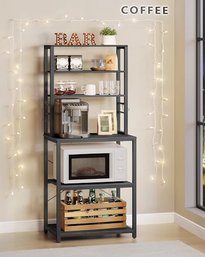 Image of VASAGLE Coffee Bar, 23.6 Inches Baker's Rack for Kitchen with Storage, 6-Tier Kitchen Shelves with 6 Hooks, Microwave Stand, Industrial, Charcoal Gray and Ink Black UKKS024B22