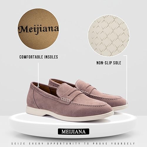 Image of Meijiana Men's Genuine Leather Loafers Slip-On Moccasins Suede Dress Shoes, Lightweight and Breathable with Rubber Sole Stylish Mens Loafers