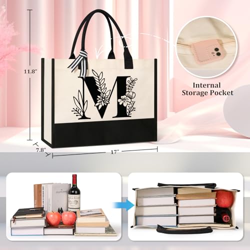 Image of Personalized Initial Canvas Tote Bag, Suitable for Birthday, Wedding, Beach, Holiday, Gifts for Women, Mom, Teachers, Nurses, Best Friends, Bridesmaids (M)