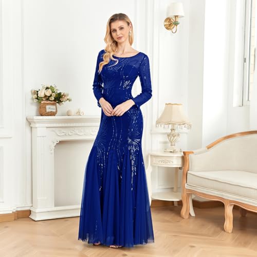 Image of Long Sleeve Sequin Evening Dress Glitter Mermaid Long Gown for Mother of The Bride Or Wedding Guest