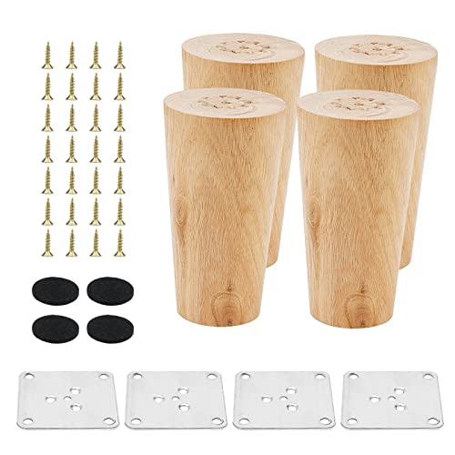 MANCHAP 4 PCS 10cm/4 Inch Wooden Furniture Legs, Wood Sofa Legs with Mounting Plate, Screws and Anti-Slip Mats