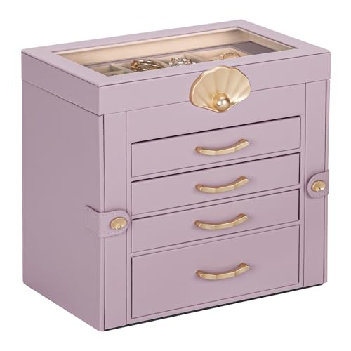 Jewelry Box with 4 Drawers: Display Organizer for Earrings Necklaces - Christmas Gifts for Girls Women (Grey Purple)