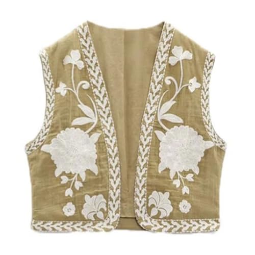 Siyova Chaleco sin mangas para mujer, cárdigan vintage, bordado floral, parte delantera abierta, ombliguera de verano, bohemio, retro, chaleco casual para mujer, Luz De Color Caqui, M