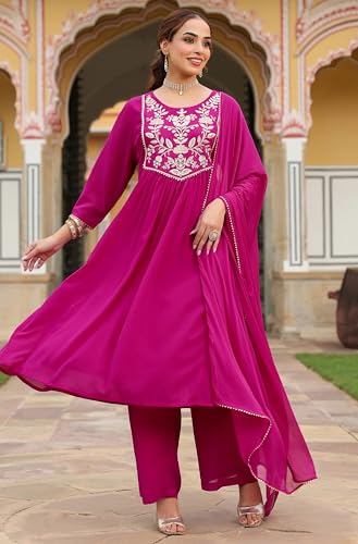 Image of Janasya Women's Georgette Embroidered A-line Kurta with Palazzo Dupatta Set