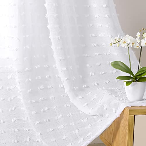 White Sheer Curtains 84 Inches Long 2 Panels White Textured Curtains with Pom Poms Boho Semi Sheer Curtains Rod Pocket Farmhouse Bedroom White Sheer Tufted Curtains Girls Kid Nursery 52" Wx84 L