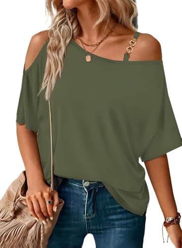 LEIYEE Summer Olive Green Cold Open Shoulder Tops for Women Plus Size Sexy Casual Short Sleeve 2025 Trendy Loose Fit Going Out Vacation Party Club Night Shirts Blouse 2XL