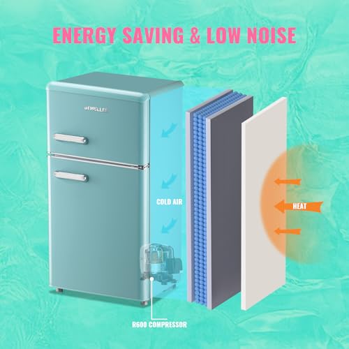 Image of DEMULLER Retro Mini Fridge with Top Freezer 100L Small Refrigerator with Two Doors & Two Handles Dorm Fridge with 7 Temperature Settings Spacous Capacity & Ideal Size Blue