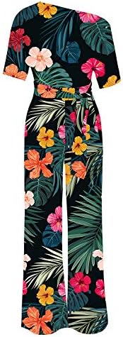 Imysty Womens Sexy One Shoulder Jumpsuits Floral Wide Leg Romper Pants with Belt Blackish Green