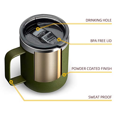 Image of 12oz Stainless Steel Insulated Coffee Mug with Handle, Double Wall Vacuum Travel Mug, Tumbler Cup with Sliding Lid, Army Green