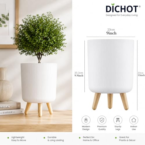 Image of 15 Inch Plant Pot with Stand | White Ribbed Plastic Planter with Wooden Legs | Modern Decorative Flower Pot for Living Room, Balcony, Office, Indoor & Outdoor Garden (Pack of 2)