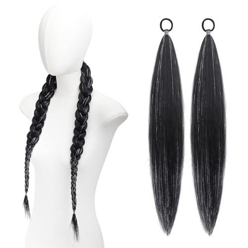Xyndragh 2 Pack Black Braid Ponytail Extension with Elastic Tie for Women