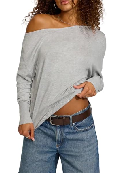 Women Off Shoulder Pullover Sweaters Y2k Long Sleeve Boat Neck Oversized Knit Jumpers Sexy Ribbed Asymmetric Fall Top