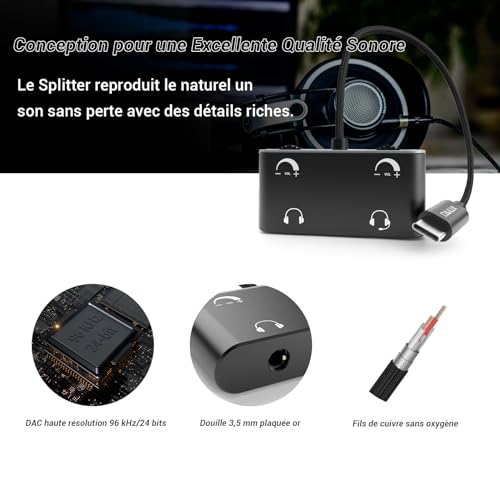 Séparateur audio Type C double jack pour écouteurs de PC portable et Android - 5