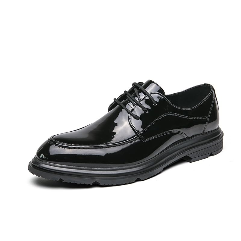 HOOENG Shoes Dress Oxford for Men Lace Up Pointed Toe Patent Leather Apron Toe Derby Shoes Block Heel Anti-Slip Slip Resistant Party(Size:6.5) Black