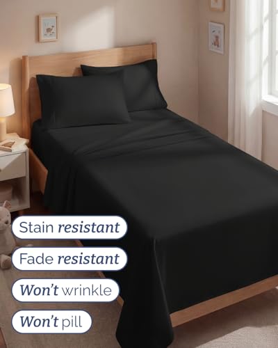 Image of Twin 4 Piece Bed Sheet Set - Comfy, Breathable & Cooling Sheets - Black | Ultra Soft Hotel Luxury Bedding Set with 8-16 Inch Deep Pockets, 1 Flat & 1 Fitted Sheet & 2 Pillowcases, Wrinkle & Fade Free