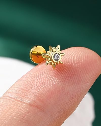 COCHARM 14K Solid Gold Threadless Sun Helix Flat Tragus Earring Stud Flat Back 16g Cartilage Earring Yellow Gold Push Pin Cartilage Piercing 8mm 6mm Tragus Piercing Jewelry3