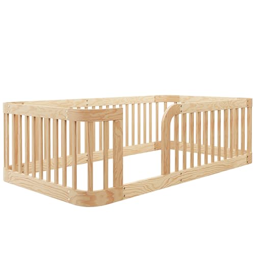 Image of Bellemave Twin Size Floor Bed Frame with High Fence,Solid Wood Kids Montessori Floor Bed Twin Size for Kids Girls Boys,Rounded Corner Design,Natural