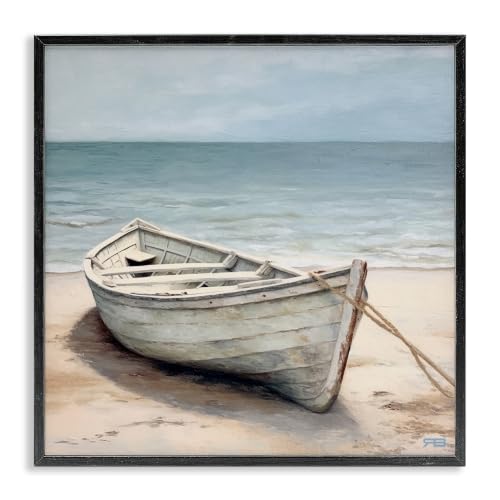 Subtle Boat Docked Coastal Landscape, 24 x 24 Inch Framed Giclée Print
