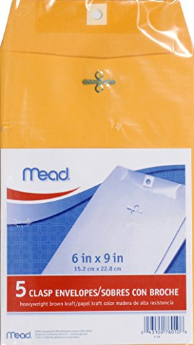 MeadWestvaco 76010 6\" X 9\" Heavyweight Kraft Clasp Envelopes 5 Count