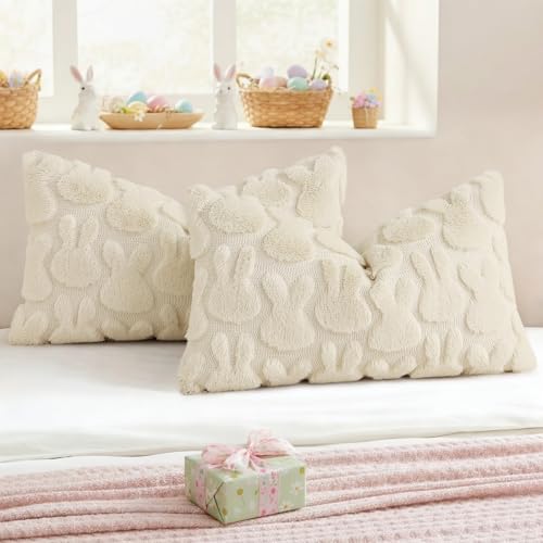 Image of decorUhome Easter Bunny Pillow Covers 12x20 Inch Set of 2, Soft Plush Faux Wool Jacquard Beige Rabbit Cushion Covers, Farmhouse Neutral Spring Easter Holiday Decor for Couch Sofa Bed