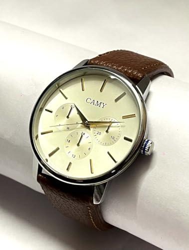 Image of Men's New Analogue Watch with Chronograph Design, Cream Dial, Brown Leather Strap