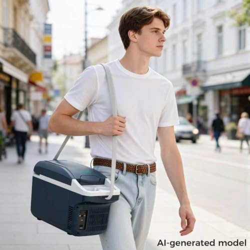 Image of Electric Cooler, 8 Liter /11 Cans Type-C Mini Fridge with Belt (Blue) | Power Bank Supported Portable Car Refrigerator, Dual-use Car Fridge for Picnic, Travel, Outdoor, Camping, Home, Gift
