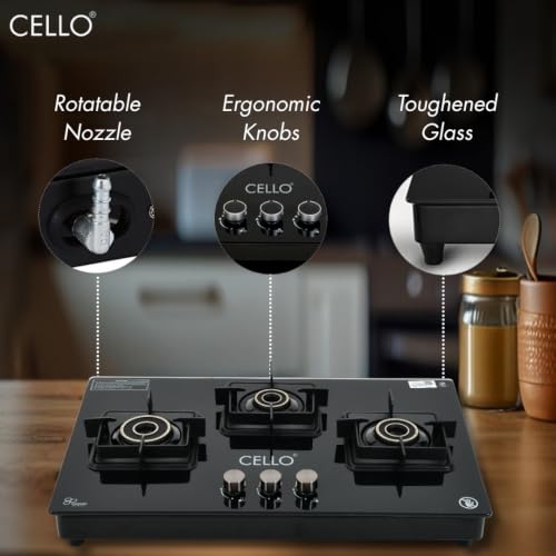 Image of Cello Classic Plus 3 Burner Gas Stove | Glass Hob Top Cooktop with Brass Burners | 8mm Toughened Glass | ISI Certified | Manual Ignition | Flame Guard Pan Supports | Premium Black