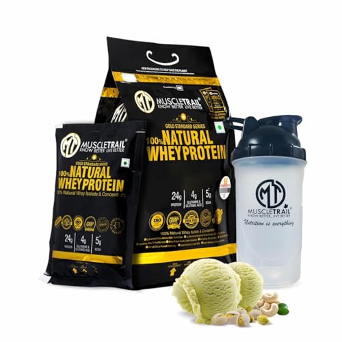 Image of MuscleTrail Gold Standard Series, 60 Pouches, Low Carb & Fat, 24G Natural Whey Protein Powder, Shaker Inside (1.86Kg, KESAR KAJU PISTA)