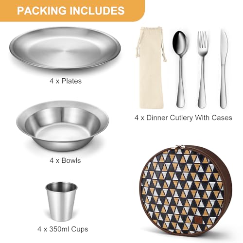 image for Odoland Stainless Steel Camping Dinnerware - Messware Kit with Plates,