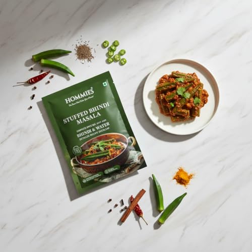 Image of Hommies Stuffed Bhindi Masala Spice Mix | Ready to Cook in Minutes | Just Add Ladyfinger & Water | Serves 4 | Healthy Curry Masala with No Preservatives | Pack of 4 (200g, 50g Each)