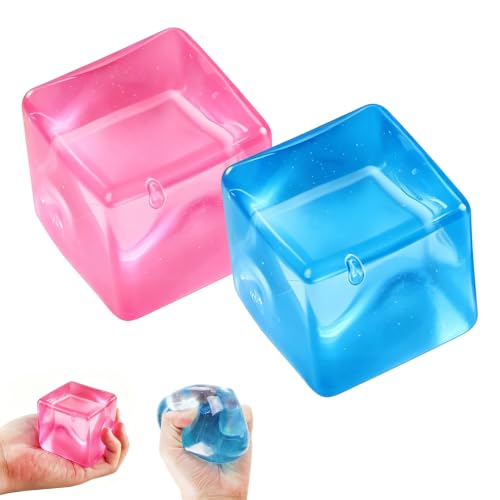Lot de 2 cubes Squishy Cube à rebond lent - Jouet anti-stress pour adultes - En TPR souple - Rose et bleu