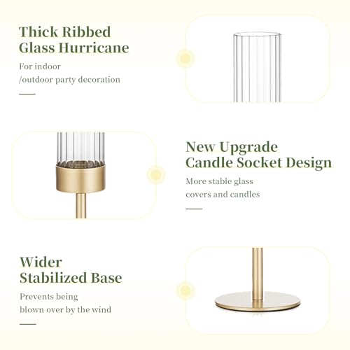 Gold Hurricane Taper Candle Holders: Glasseam 3Pcs Brass Candlestick Holders with Ribbed Glass Cylinder Cover Fluted Tall Candle Sticks Holder Decor for Table Centerpiece Wedding Christmas Decorations by Glasseam - Image 6