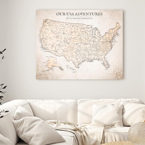 Image of IPIC - Vintage USA Map Pin Board Canvas Wall Art, Travel Map with Pins Included, Ready to Hang for Home or Office 30x24 Inch