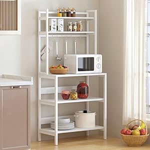 SogesHome Scaffale da cucina verticale a 5 livelli Scaffale Baker’s Shelf per microonde con 8 ganci per stoviglie Scaffale verticale in legno e acciaio, 80 x 40 cm