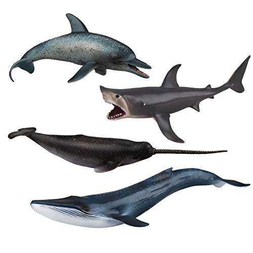 TOYMANY 4PCS 8-10" L Realistic Large Shark & Whale Figurines Bath Toys, Plastic Play Ocean Sea Animals Figures Set Includes Dolphin,Great White Shark,Blue Whale, Educational Birthday Gift for Kids