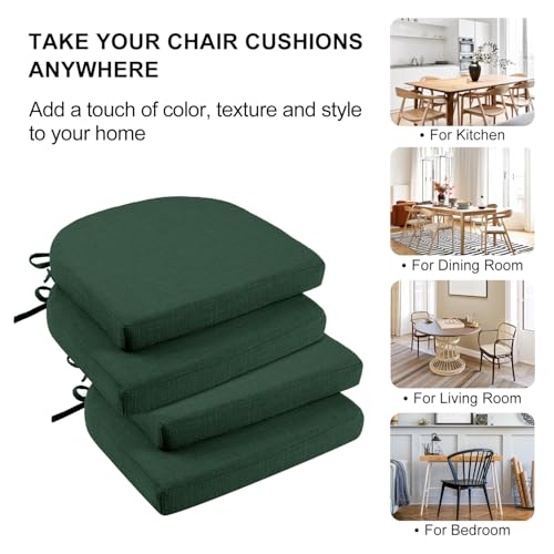 Image of Wellsin Chair Cushions for Dining Chairs 4 Pack - Kitchen Chair Cushions with Ties and Non-Slip Backing - Dining Chair Pads 16 inchX16 inchX2 inch, Dark Green