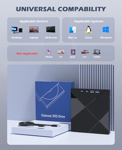 Image of Wbacon 7 in 1 External CD /DVD Drive for Laptop, Portable DVD Player for Laptop with SD /TF Port, External DVD Drive with USB 3.0 /Type C, CD Drive USB for PC Windows Linux