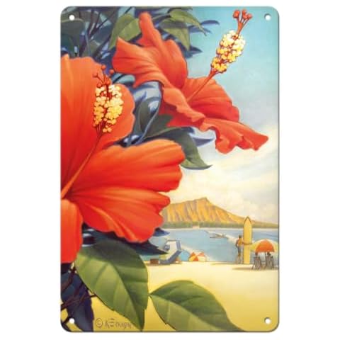 Pacifica Island Art Hibiscus Beach Day - Waikiki Beach - Red Hibiscus - Vintage Hawaiian Travel Poster by Kerne Erickson - 8 x 12 inch Vintage Metal Tin Sign Cover