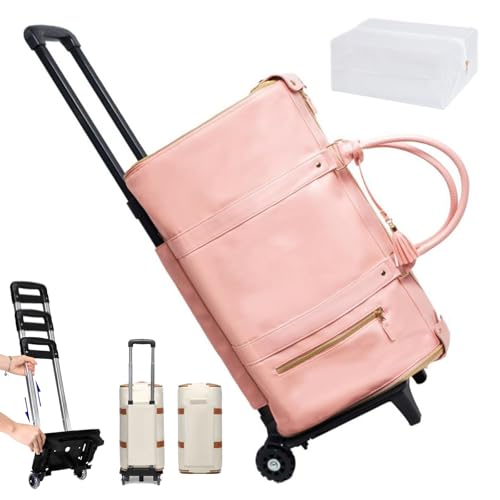 Trendfetchus Foldable Travel Bag 2.0 with Wheels, Large Capacity Foldable Garment with Toiletry Pocket and Shoes Compartment & Detachable Shoulder Strap (Pink, With Wheels)