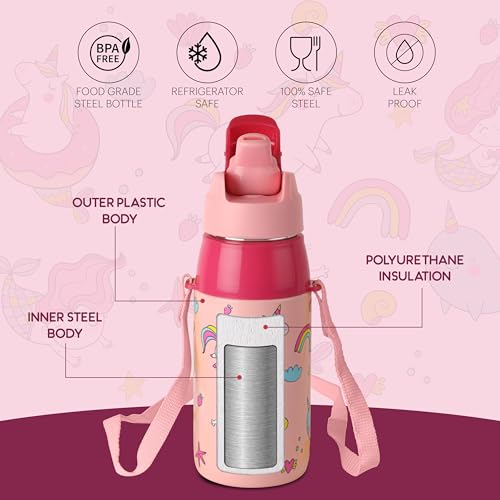 Image of CELLO Kidzbee Era 400 Insulated Kids Water Bottle 400 ml, Pink | 3D Touch & Feel Pink Parade Design One Hand Grip Lightweight Leakproof Easy Sip Flip Cap Insulated Water Bottle for School Kids