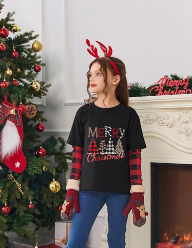 Image of Arshiner Girls Christmas Halloween Long Sleeve Shirts Graphic Stripe Plaid Patchwork Top Tee