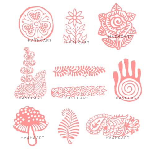 Image of Hashcart | Set of 10 | Handcarved Multi Shape Floral Design Stamps for Scrapbooking | Wooden Blocks for Project Designing | Henna | Clay | Pottery Craft | Tattoo | Project Making