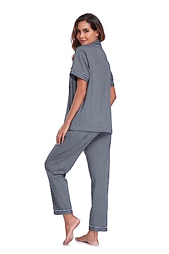 Image of COLORFULLEAF Women's 100% Cotton Pajamas Set Button Down Sleepwear Short Sleeve Shirt and Long Pants Soft Ladies Lounge Sets