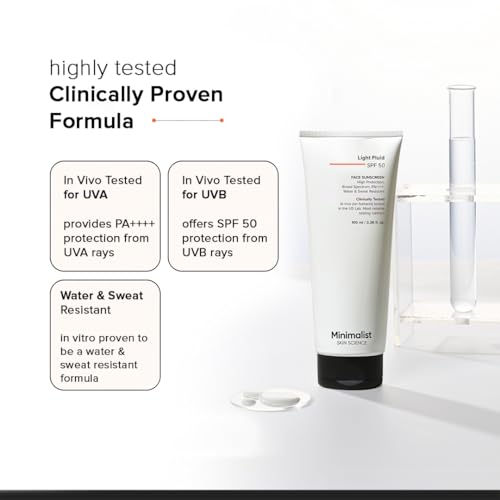 Image of Minimalist Light Fluid Sunscreen SPF 50 for Oily Skin (PA++++) | Clinically Tested in US| No White Cast | Broad Spectrum | Lightweight, Water & Sweat Resistant | For Women & Men | 100ml