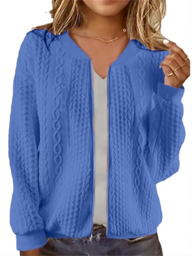 Women's Zip Up Cardigan Sweater Cable Hoodies Long Sleeve Jacket Outfits Crewneck Casual Coat