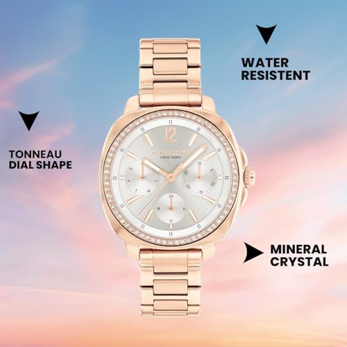 Image of Coach Kitt Qtz Multifunction Grey Tonneau Dial Women's Watch|Ionic Plated Rose Gold Steel Material|Rose Gold Color Band - 14504395
